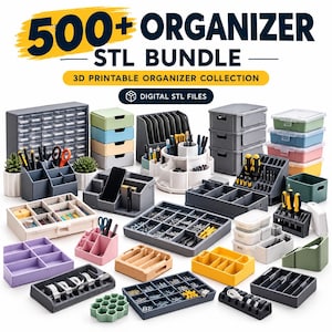 Puede incluir: Una colección de archivos STL de organizadores imprimibles en 3D que incluye varios contenedores, insertos para cajones, soportes para herramientas y organizadores de escritorio en gris, azul, verde, amarillo, rosa y morado, con el texto 500+ ORGANIZER STL BUNDLE.