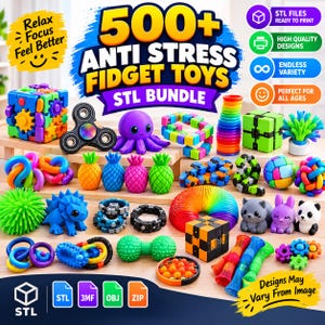 May include: A digital bundle of 500+ anti-stress fidget toys in STL format. The collection includes various 3D-printed items such as a colourful gear cube, a rainbow spring, a purple octopus, pineapple figures, and small animal-shaped toys.