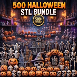Puede incluir: Una colección digital de 500 archivos STL de Halloween con modelos 3D de calabazas, calaveras, fantasmas, casas encantadas, murciélagos, esqueletos y vampiros. La imagen muestra el texto 500 HALLOWEEN STL BUNDLE y 500+ DESIGNS en un entorno oscuro.