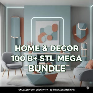 Puede incluir: Una escena de dise&ntilde;o de interiores moderno con muebles y decoraci&oacute;n de pared. La imagen muestra el texto "HOME & DECOR 100 B+ STL MEGA BUNDLE". La paleta de colores incluye tonos de azul, naranja y gris, creando un ambiente elegante. Tambi&eacute;n es visible la frase "UNLEASH YOUR CREATIVITY - 3D PRINTABLE DESIGNS".