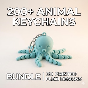 Puede incluir: Un llavero de pulpo impreso en 3D de color azul claro, con una cadena y un llavero plateados. La imagen incluye el texto "200+ ANIMAL KEYCHAINS" y "BUNDLE | 3D PRINTED FLEXI DESIGNS".
