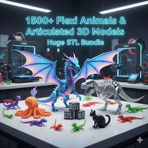 May include: A collection of 3D-printed, articulated animal models, including a dragon, octopus, and T-Rex skeleton. The models are in various colors and sizes, with the text "1500+ Flexi Animals & Articulated 3D Models" displayed above them.