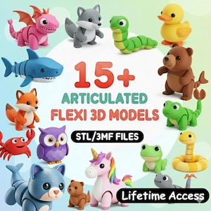 Puede incluir: Una colección de más de 15 modelos 3D articulados y flexibles de varios animales, incluyendo un dragón, un tiburón, un zorro, un búho, un gato y un unicornio. Los modelos son de colores vibrantes e incluyen el texto "ARTICULATED FLEXI 3D MODELS" y "Lifetime Access".