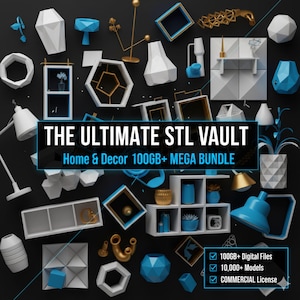 Puede incluir: Un surtido de elementos de decoraci&oacute;n del hogar renderizados en 3D en blanco, dorado y azul, incluyendo estanter&iacute;as, jarrones y formas geom&eacute;tricas. El texto dice "THE ULTIMATE STL VAULT Home & Decor 100GB+ MEGA BUNDLE". Incluye archivos digitales, modelos y una licencia comercial.