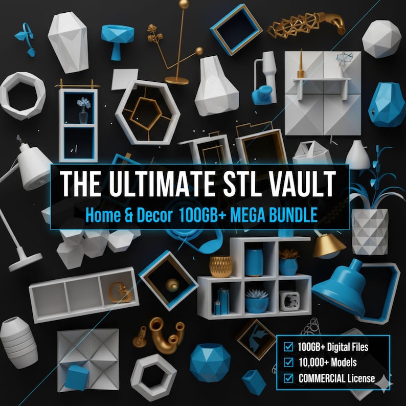 Puede incluir: Un surtido de elementos de decoraci&oacute;n del hogar renderizados en 3D en blanco, dorado y azul, incluyendo estanter&iacute;as, jarrones y formas geom&eacute;tricas. El texto dice "THE ULTIMATE STL VAULT Home & Decor 100GB+ MEGA BUNDLE". Incluye archivos digitales, modelos y una licencia comercial.