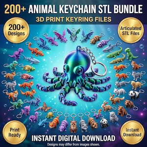 Peut inclure: Un lot numérique de plus de 200 fichiers STL de porte-clés animaux pour impression 3D. L'image montre un porte-clés pieuvre articulé bleu et violet irisé entouré de diverses figurines d'animaux, avec le texte 200+ ANIMAL KEYCHAIN STL BUNDLE, 3D PRINT KEYRING FILES et INSTANT DIGITAL DOWNLOAD.
