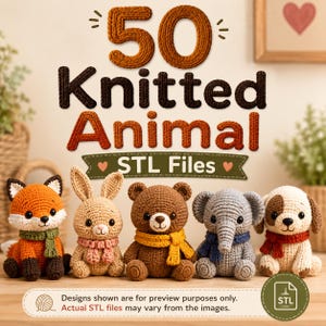 Könnte beinhalten: Eine digitale Sammlung von 50 gestrickten Tier-STL-Dateien mit fünf gehäkelten Tierfiguren: ein Fuchs mit grünem Schal, ein beiges Kaninchen mit rosa Schal, ein brauner Bär mit gelbem Schal, ein grauer Elefant und ein Welpe mit rotem Schal.