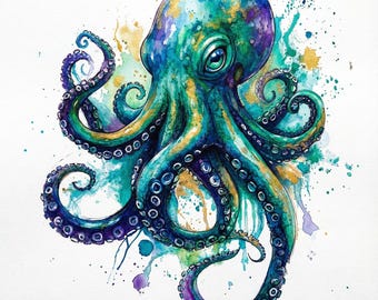 Watercolor Octopus Clipart, Sea Animal PNG, Ocean Art, Nautical Illustration, Sublimation Design