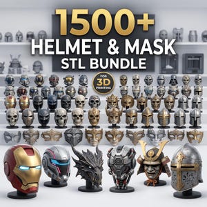 Pode incluir: Uma coleção digital de mais de 1500 arquivos STL de capacetes e máscaras para impressão 3D. A imagem exibe uma grande variedade de designs de capacetes e máscaras em miniatura em tons dourados, prateados e escuros, com seis modelos em destaque.