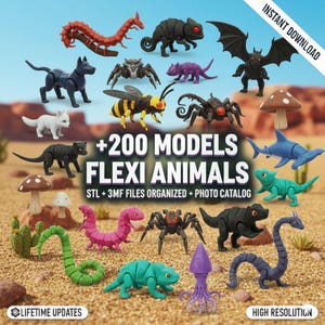 May include: A selection of brightly coloured, articulated 3D-printed Flexi Animals, including a shark, lizard, and spider. The image features the text "+200 MODELS FLEXI ANIMALS" and "INSTANT DOWNLOAD". The models are organised with STL and 3MF files.