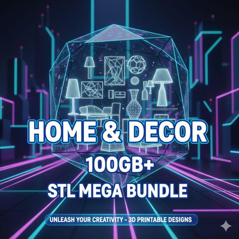 Puede incluir: Un gr&aacute;fico digital que promociona un mega paquete de decoraci&oacute;n del hogar. La imagen presenta una forma geom&eacute;trica con modelos 3D de l&aacute;mparas, muebles y art&iacute;culos de decoraci&oacute;n. El texto incluye "HOME & DECOR", "100GB+" y "STL MEGA BUNDLE."