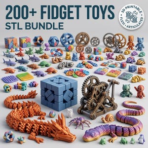 Può includere: Una collezione di oltre 200 giocattoli fidget stampabili in 3D in un pacchetto STL. L'assortimento include draghi articolati, meccanismi a ingranaggi, puzzle geometrici, figure di animali e vari piccoli oggetti sensoriali di vari colori.