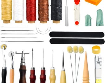 25PCS Leather Craft Hand Tool Kit Hand Stitching Sewing Tool Handy Stitching Needle Waxed Tread Awl Groover Kit,Awl Waxed Thread Thimble Kit