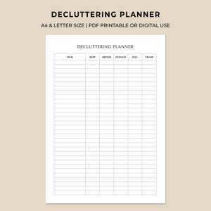 Puede incluir: Un planificador de limpieza blanco con el título "DECLUTTERING PLANNER" en la parte superior. El planificador incluye columnas para "ITEM", "KEEP", "REPAIR", "DONATE", "SELL" y "TRASH". También se ve el texto "A4 & LETTER SIZE | PDF PRINTABLE OR DIGITAL USE".
