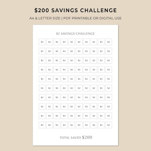 May include: A printable savings challenge sheet with the text "$200 Savings Challenge." The sheet is white with a grid of small boxes, each labeled "$2." The text "Total Saved $200" is at the bottom. The sheet is A4 and letter size.