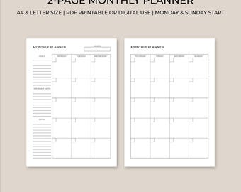 Planejador Mensal Minimalista para Imprimir | Visão Geral do Mês | Calendário sem Datas com Metas, Datas Importantes e Anotações | A4, Carta (PDF)