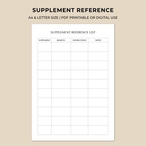 Puede incluir: Una lista de referencia de suplementos imprimible en blanco con una cuadrícula de casillas vacías para rellenar información. El texto "SUPPLEMENT REFERENCE" y "A4 & LETTER SIZE | PDF PRINTABLE OR DIGITAL USE" están en la parte superior. Las palabras "SUPPLEMENT REFERENCE LIST" están encima de la cuadrícula.