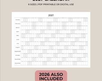 May include: A 2027 calendar grid layout featuring months from January to December in rows, with the text 2027 CALENDAR, 6 SIZES | PDF PRINTABLE OR DIGITAL USE, and a pink rectangular badge stating 2026 ALSO INCLUDED on a light beige background.