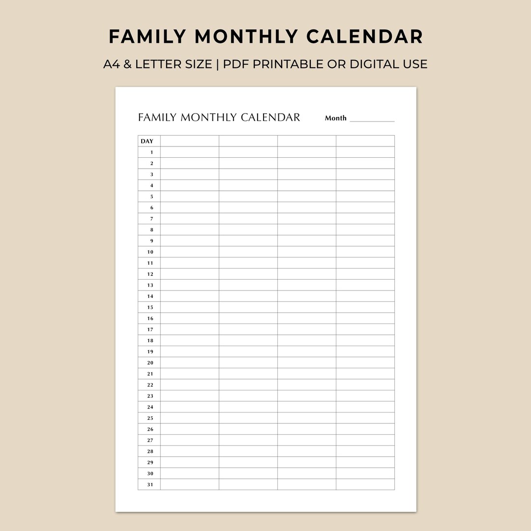 Printable Family Monthly Calendar | Simple Shared Family Planner | Home ...