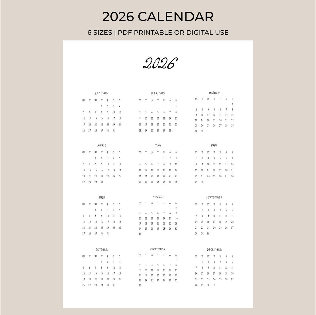 2026 Year at a Glance Calendar Printable | Whimsical Script Yearly ...