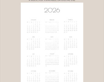2026 Year at a Glance Calendar Printable | Modern Minimal Yearly Overview | Giant Wall Calendar PDF