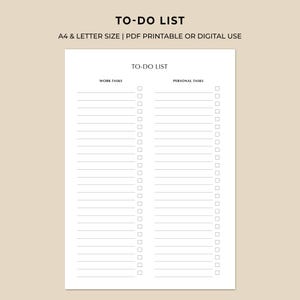 Puede incluir: Una lista de tareas pendientes blanca con el título "TO-DO LIST" en la parte superior. La lista está dividida en secciones "WORK TASKS" y "PERSONAL TASKS", con casillas de verificación junto a cada línea. El texto "A4 & LETTER SIZE | PDF PRINTABLE OR DIGITAL USE" está arriba.