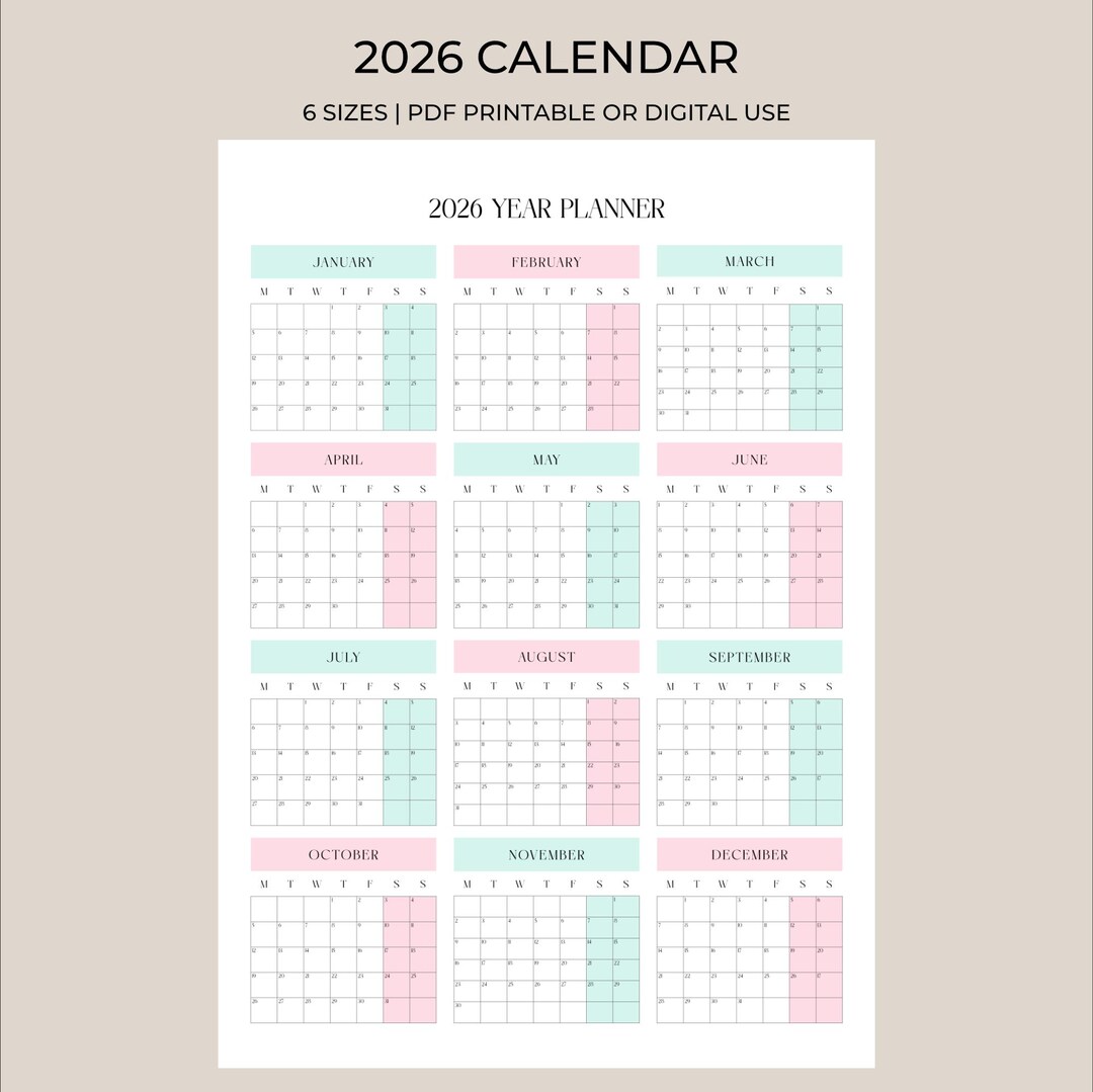 2026 Yearly Planner Printable | Year at a Glance Calendar | Pastel Pink ...