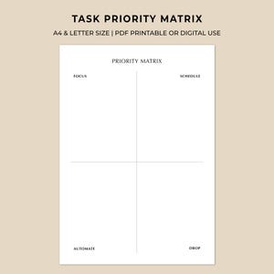 Könnte beinhalten: Eine weiße, druckbare Aufgabenprioritätsmatrix mit dem Text "TASK PRIORITY MATRIX" oben. Die Matrix ist in vier Quadranten unterteilt, die mit "Focus", "Schedule", "Automate" und "Drop" beschriftet sind. Der Text "A4 & LETTER SIZE | PDF PRINTABLE OR DIGITAL USE" ist ebenfalls vorhanden.