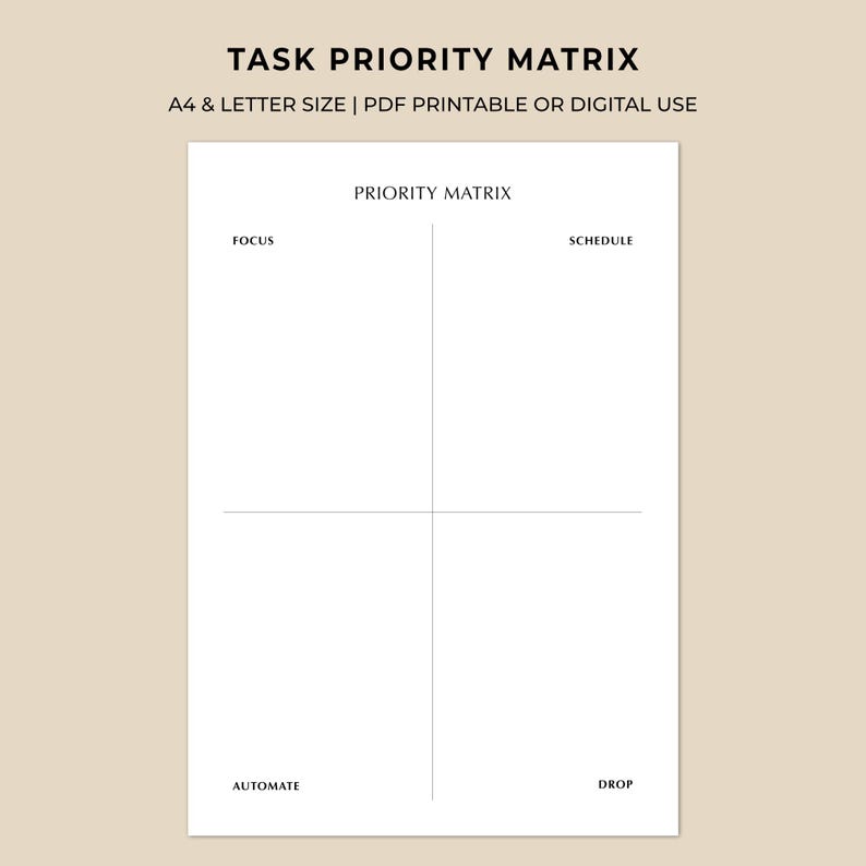 Pode incluir: Uma matriz de prioridade de tarefas imprim&iacute;vel em branco com o texto "TASK PRIORITY MATRIX" no topo. A matriz &eacute; dividida em quatro quadrantes rotulados como "Focus", "Schedule", "Automate" e "Drop". O texto "A4 & LETTER SIZE | PDF PRINTABLE OR DIGITAL USE" tamb&eacute;m est&aacute; presente.