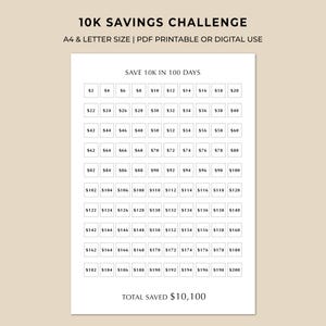 May include: A printable 10K Savings Challenge chart with a grid of boxes, each labeled with increasing amounts in pounds. The text "SAVE 10K IN 100 DAYS" is at the top. The chart is designed for A4 and Letter size, for PDF printable or digital use.