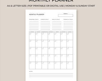 May include: A white monthly planner with black text. The planner includes sections for personal, career, health, and financial goals. It has a calendar grid with spaces for each day of the week. The text "MONTHLY PLANNER" is at the top.
