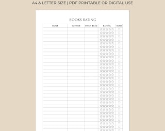 Books Rating Log Printable, Book Review Tracker, Reading Log with Star Ratings, Book Journal