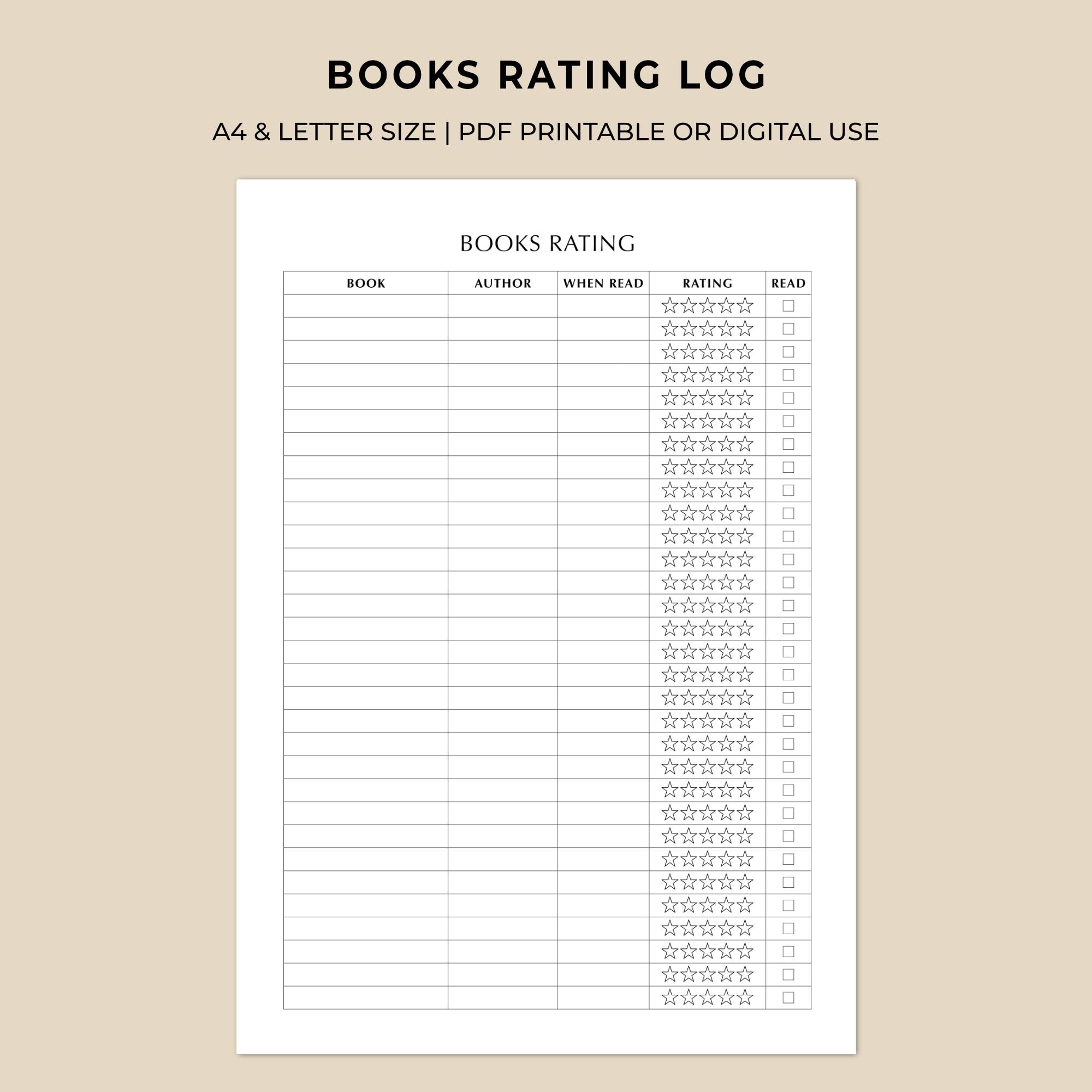 Review Log Books Rating Log Printable, Book Review Tracker, Reading Log With Star ...