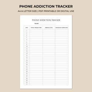 Könnte beinhalten: Ein weißes digitales Tracker-Blatt mit dem Titel PHONE ADDICTION TRACKER und einer Tabelle für 31 Tage. Die Spalten umfassen Day, Total Phone Time, Productive und Mindless Scrolling. Der Kopftext lautet PHONE ADDICTION TRACKER A4 & LETTER SIZE | PDF PRINTABLE OR DIGITAL USE.