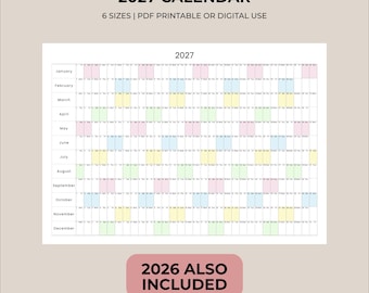 May include: A 2027 calendar grid featuring months from January to December with color-coded date blocks. The text reads 2027 CALENDAR, 6 SIZES | PDF PRINTABLE OR DIGITAL USE, and 2026 ALSO INCLUDED. This digital planner layout is organized.