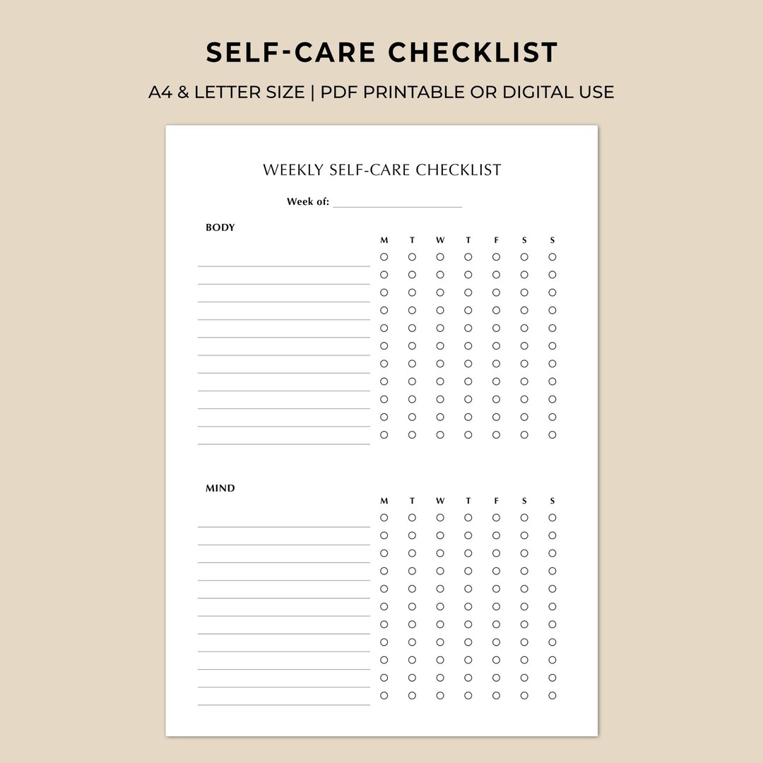 Weekly Self-care Checklist Printable | Body & Mind Routine Tracker ...