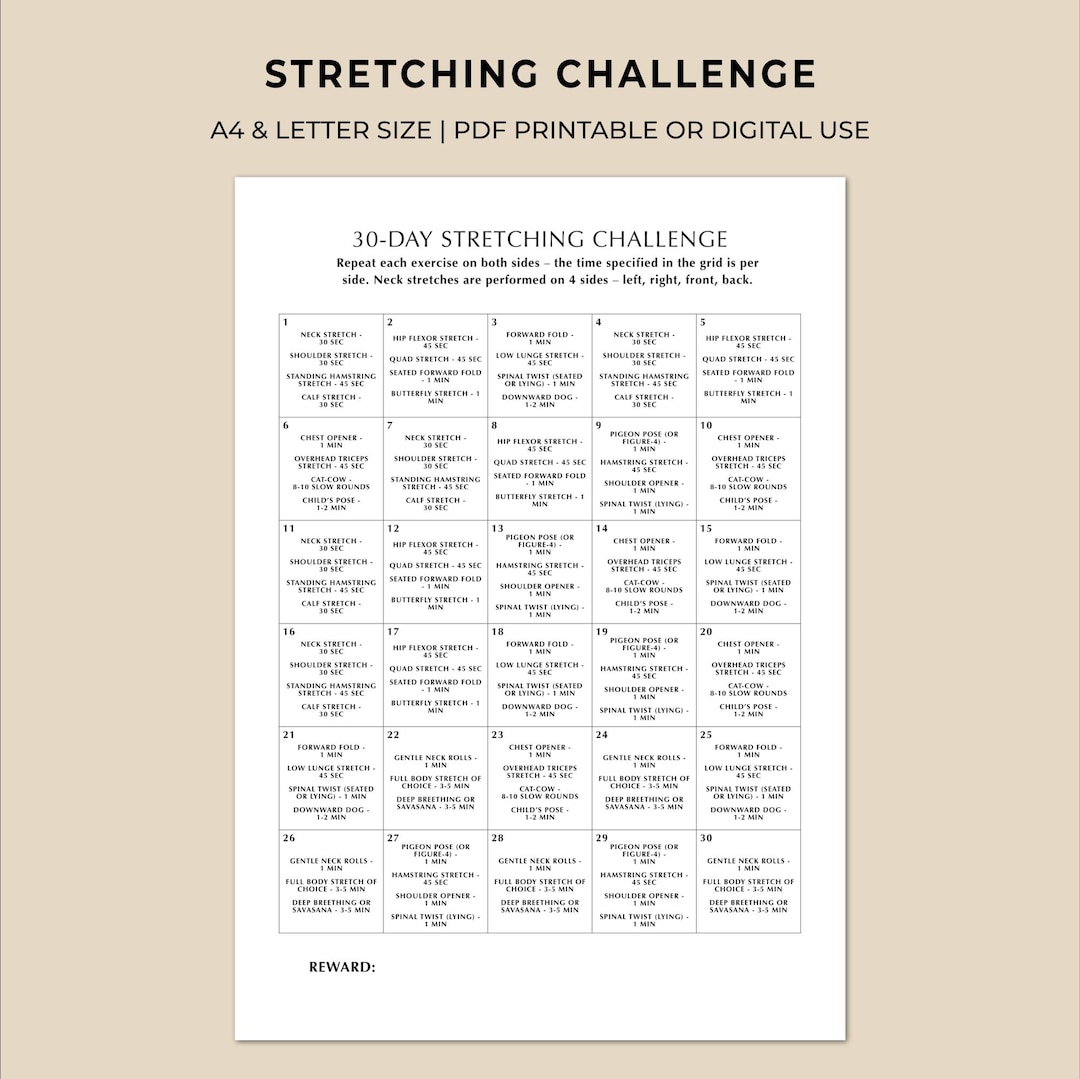 30 Day Stretching Challenge Printable | Flexibility & Mobility Exercise ...