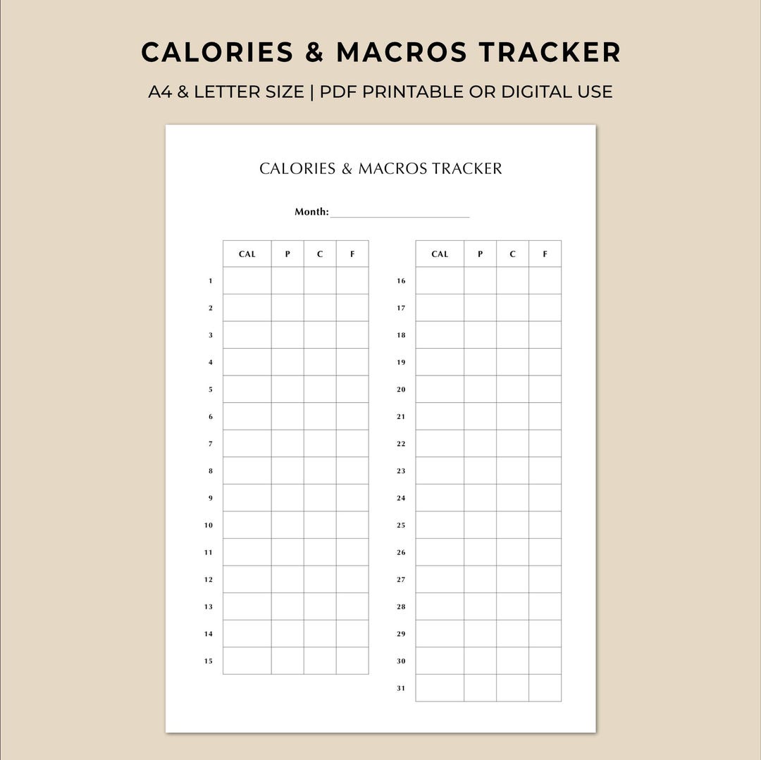 Calories & Macros Tracker Printable | Monthly Calorie, Protein, Carbs ...