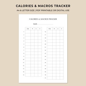 May include: A white printable tracker with the text "CALORIES & MACROS TRACKER" and a grid for tracking daily intake. The text "A4 & LETTER SIZE | PDF PRINTABLE OR DIGITAL USE" is also present. The tracker includes sections for "CAL", "P", "C", and "F".