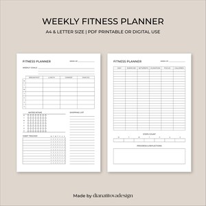 May include: A black and white printable weekly fitness planner. The planner includes sections for daily exercise, meals, water intake, and habit tracking. The text "WEEKLY FITNESS PLANNER" is at the top.