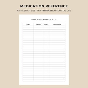 May include: A white printable medication reference list with the headings: Name, Purpose, Dosage, and Instruction. The text "MEDICATION REFERENCE" is at the top, with "A4 & LETTER SIZE | PDF PRINTABLE OR DIGITAL USE" below it.