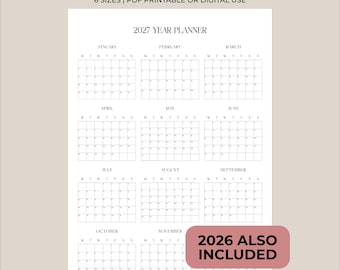 May include: A 2027 calendar year planner template featuring a clean white layout with black text. The document includes monthly grids from January through December, labeled 2027 CALENDAR, 6 SIZES | PDF PRINTABLE OR DIGITAL USE, and 2026 ALSO INCLUDED.