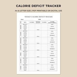 May include: A white digital calorie deficit tracker template with black text. The header reads CALORIE DEFICIT TRACKER, A4 & LETTER SIZE | PDF PRINTABLE OR DIGITAL USE. It features a weekly table with columns for meals, calories, and activity.