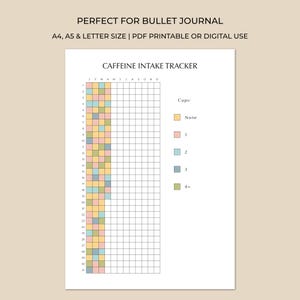 Puede incluir: Un rastreador de ingesta de cafeína imprimible en blanco con el texto "CAFFEINE INTAKE TRACKER". El rastreador incluye una cuadrícula para rastrear el consumo diario de cafeína, con cuadrados codificados por colores que representan diferentes niveles de tazas. El texto "PERFECT FOR BULLET JOURNAL" está en la parte superior.