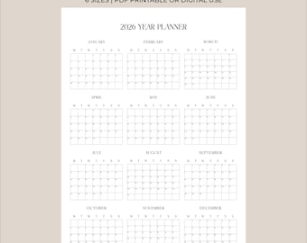 2026 Yearly Planner Printable | Minimal Year at a Glance Overview | Wall Calendar