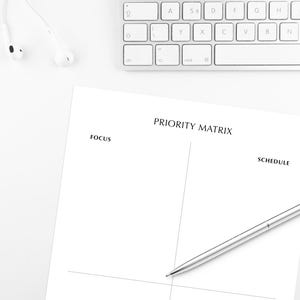 Pode incluir: Um papel branco com as palavras "PRIORITY MATRIX", "FOCUS" e "SCHEDULE" impressas. Uma caneta prateada repousa sobre o papel, com um teclado branco e fones de ouvido no fundo. A imagem &eacute; tirada de cima.