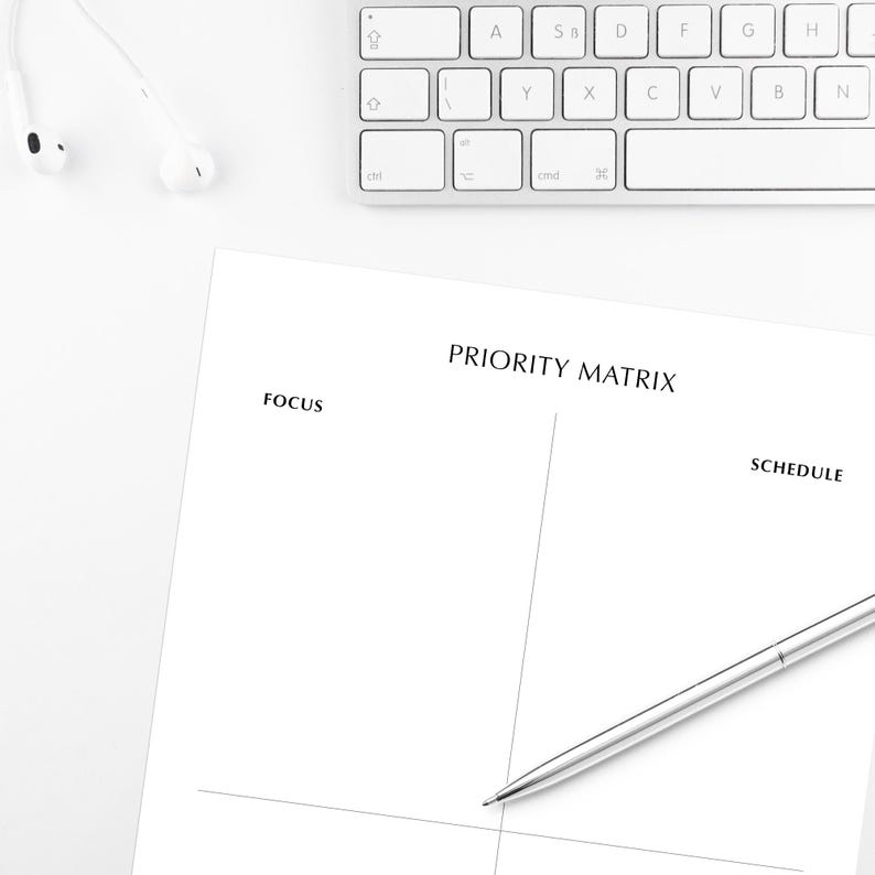 Pode incluir: Um papel branco com as palavras "PRIORITY MATRIX", "FOCUS" e "SCHEDULE" impressas. Uma caneta prateada repousa sobre o papel, com um teclado branco e fones de ouvido no fundo. A imagem &eacute; tirada de cima.