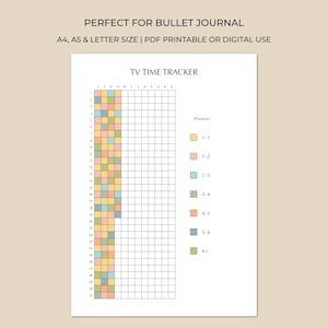 May include: A printable TV time tracker with a grid for tracking daily TV viewing hours. The tracker includes a color-coded key for hours watched, and the text "TV TIME TRACKER" is at the top. The text "PERFECT FOR BULLET JOURNAL" is at the top.