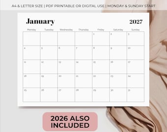 Könnte beinhalten: Eine Kalenderseite für Januar 2027 mit Rasterlayout, schwarzem Text und weißem Hintergrund. Die Kopfzeile zeigt 2027 CALENDAR, A4 & LETTER SIZE | PDF PRINTABLE OR DIGITAL USE | MONDAY & SUNDAY START. Ein rosa Etikett besagt 2026 ALSO INCLUDED.
