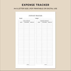 Puede incluir: Un rastreador de gastos blanco con el título "EXPENSE TRACKER" en la parte superior. El rastreador se divide en secciones para gastos fijos y variables, con columnas para fecha, categoría e importe. También es visible el texto "A4 & LETTER SIZE | PDF PRINTABLE OR DIGITAL USE".